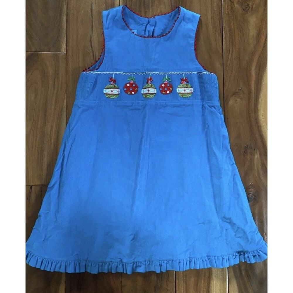 Anavini Hand Smocked Girl's Holiday Christmas Ornament Corduroy Dress Size 5